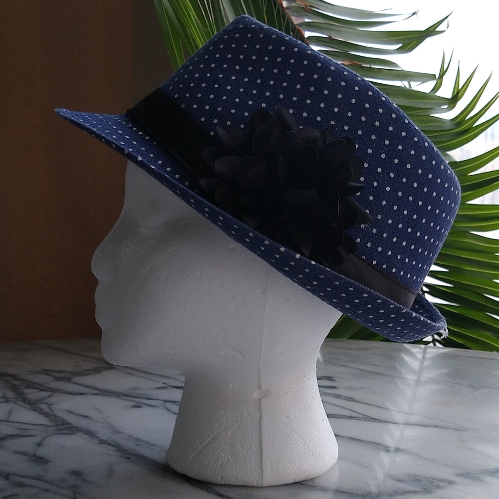 Fedora style white polka dots navy blue hat
